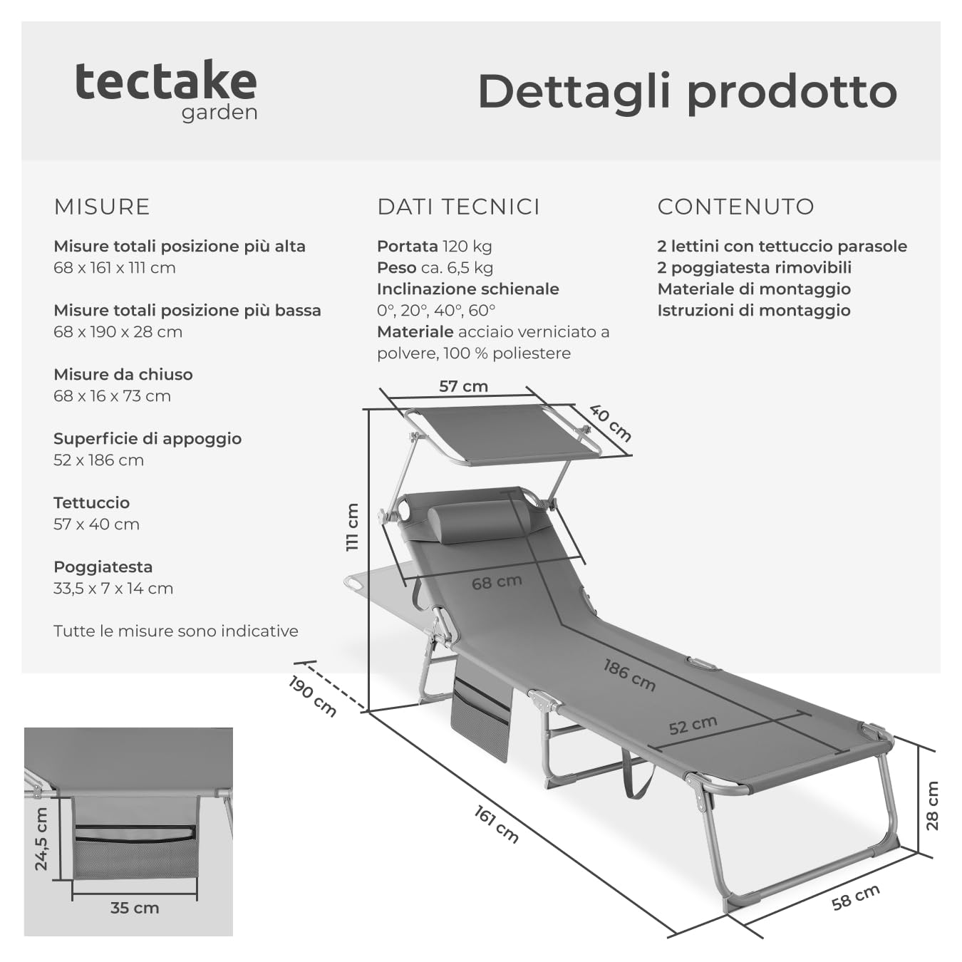 Tectake Sdraio Pieghevole 2 Pezzi con Cuscino Poggiatesta Idrorepellente 4 Posizioni Grigio