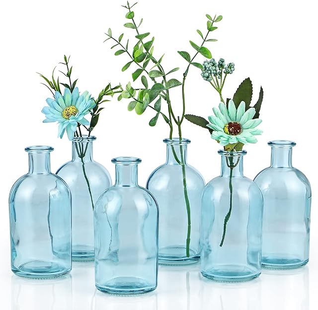 MDLUU 6 Pcs Bud Vases, Mini Flower Jars 13.5cm, Vintage Glass Bottles for Home Decoration, Wedding Table, Centerpiece Arrangement (Blue)