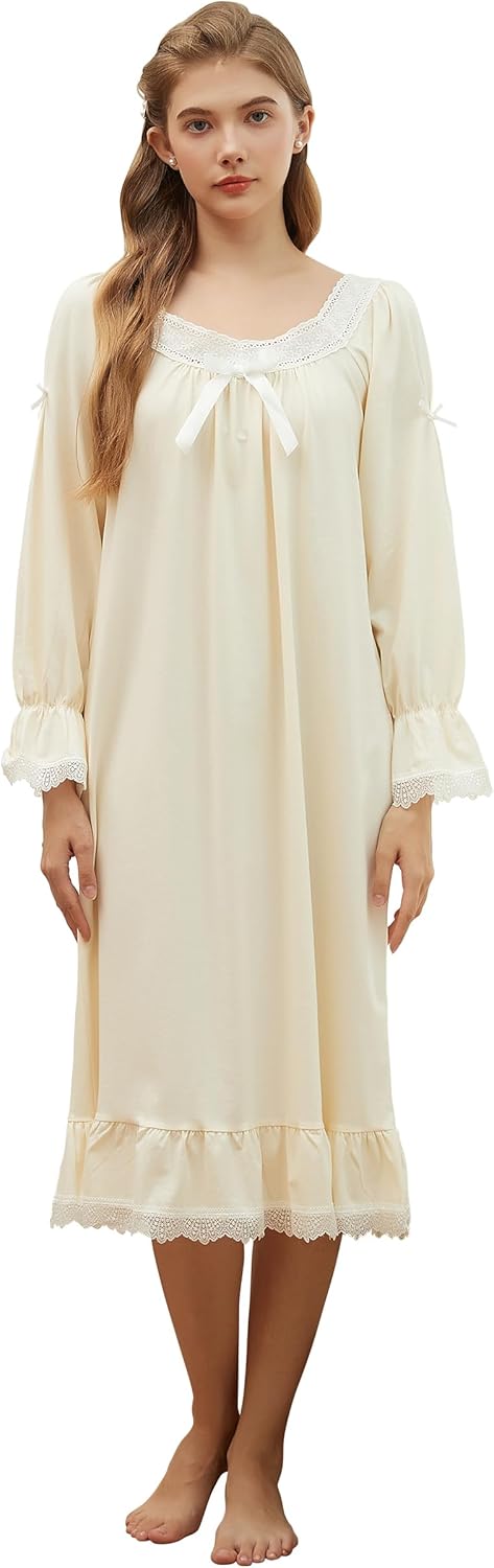 Nanxson Cotton Nightgown for Women Short/Long Sleeve Princess Nightdress Victorian Nightwear Lace Ruffled Nighties with Bow