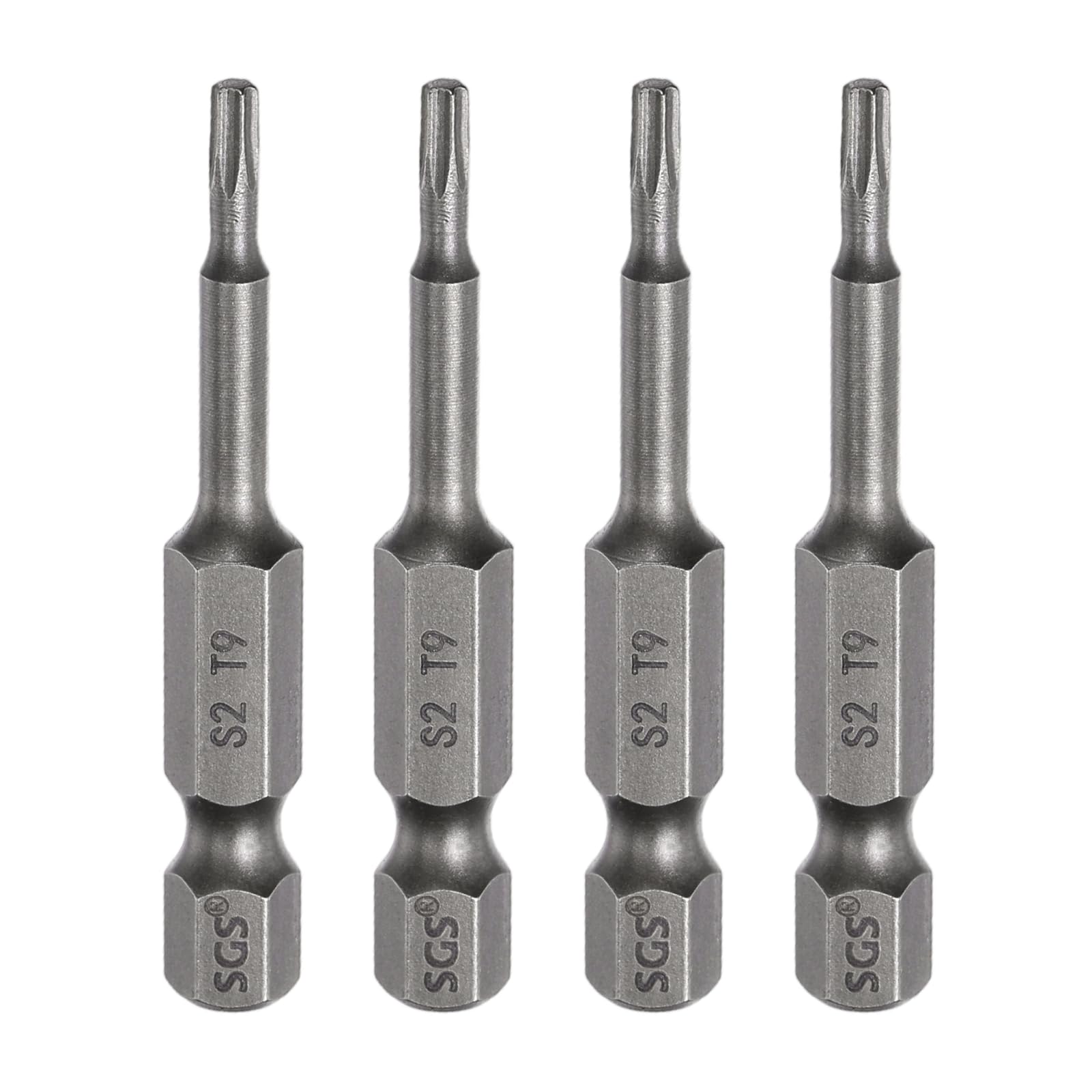 sourcing map 4pcs T9 Torx Head Screwdriver Bit 1/4" Hex Shank 2" (50mm) Long Magnetic No Hole Tip Tamper Proof 6 Point Star Screw Driver Drill Bits S2 Steel Industrial Power Screwdrivers