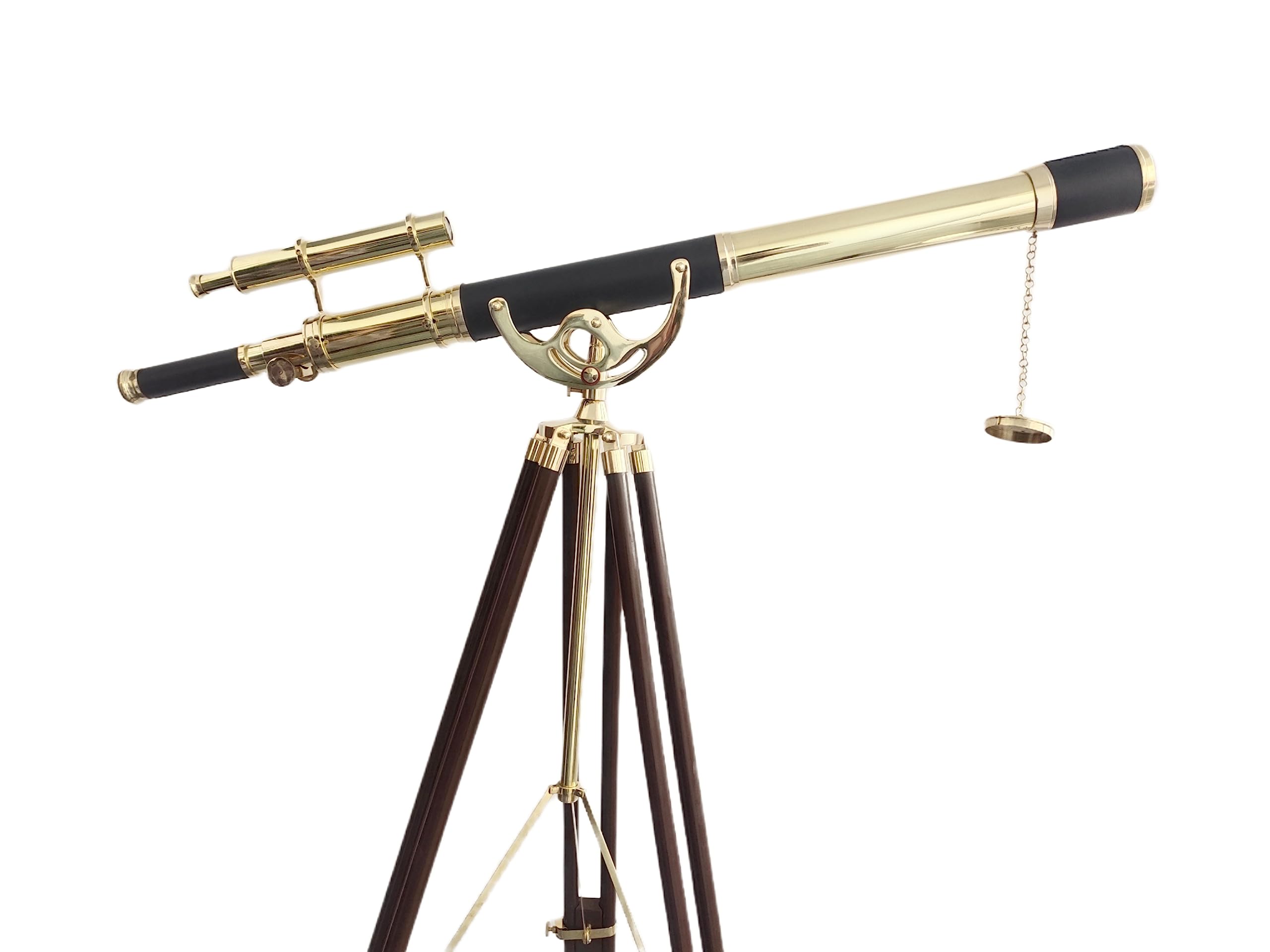 Nautical Shiny Brass Double Barrel Telescope Black Leather High Magnification Tube Telescope Floor Standing Tripod Stand Functioning Masterpiece Premium Version