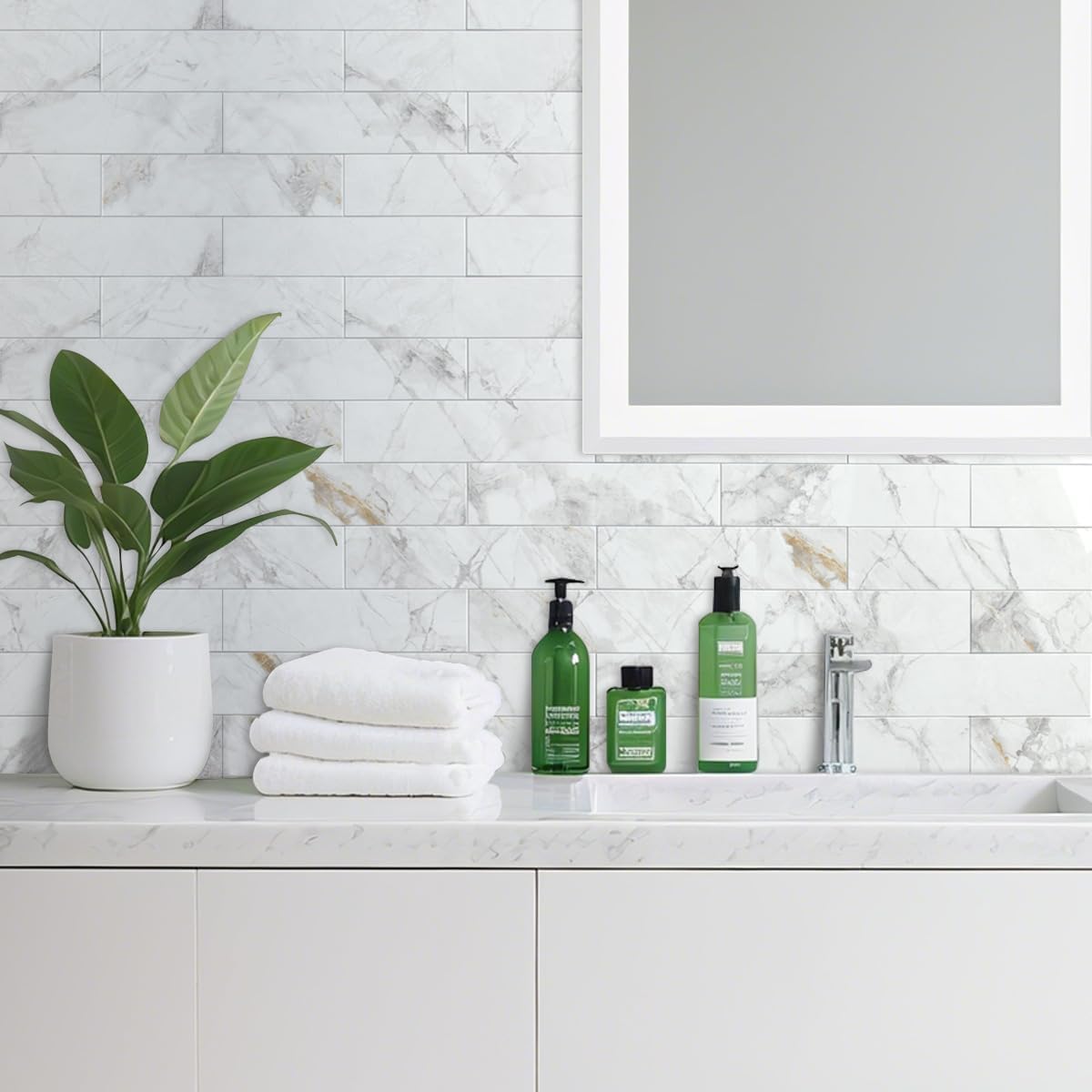 AULIGET 40-Piece Polished White Marble Peel and Stick Backsplash Wall Tiles, 3" x 12" PVC Faux Stone Stick on Tiles for Backsplash Kitchen, Bathroom, Laundry Room, Camper, Fireplace