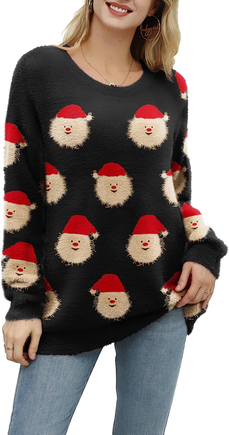 YESNO Women Ugly Christmas Sweater Graphic Printed Oversized Pullover Sweaters Casual Loose Knit Tops S01