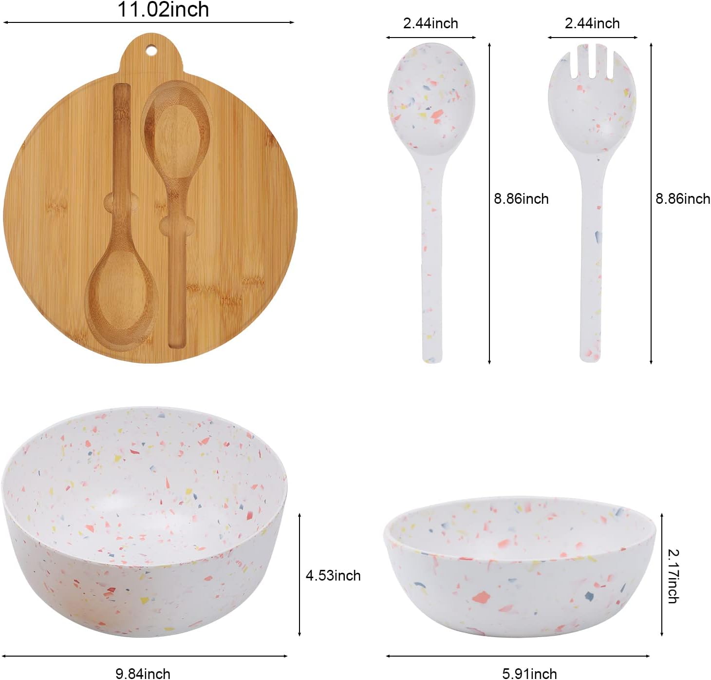 ECOWAY Melamine Salad Bowl, Bamboo Fiber Salad Bowl Large with 4 Small Serving Bowls and Bamboo Lid Cutting Board with Handle and Silicone Seal Ring Perfect for Storage Salad Foods(Spots,9.8 Inches)