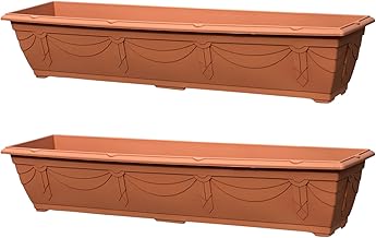 VR7 90cm Long Garden Planters 2 Pack Durable Plastic Trough for Raised Window Planting - Ideal for Flowers, Herbs, and Vegetables (Terracotta, Without Trays)