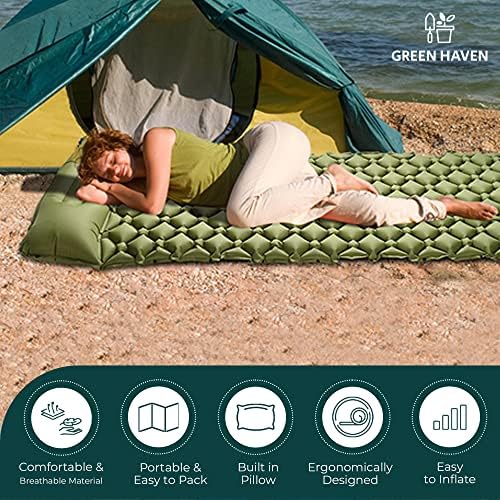 Green Haven Ultra-light Inflating Camping Mat | Sleeping Mat with Built-in Camping Pillow | Waterproof Inflatable Sleeping Mats Camping Roll Mat | Sleeping Pad for Hiking, Camping & More (Green)