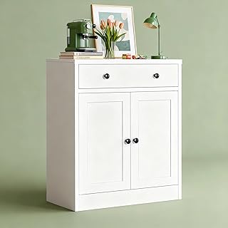 CJF Metal Buffet Cabinet, Coffee Bar Cabinet with Drawer & Adjustable Shelf, Sideboard Cabinets for Kitchen, Coffee Bar, Bathroom, Entryway, Home Office, Pantry-White