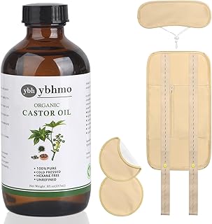 YBHMO Organic Castor Oil Cold Pressed Glass Bottle (8fl.oz/237ml), Castor Oil Pack Wrap Organic Cotton for Liver Wastes Release, Inflammation and Relieve Pain