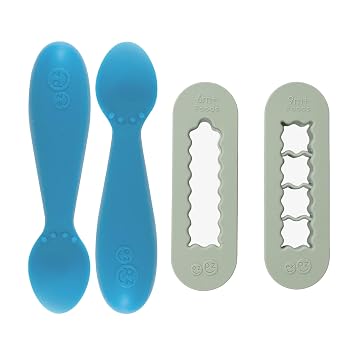 ezpz Baby Feeding Bundle Tiny Spoon 2-Pack, Blue + BLW Food Cutters 2-Pack, Sage 100% Silicone Baby-Led Weaning Set for 69+ Months Infant Feeding & Prep Essentials