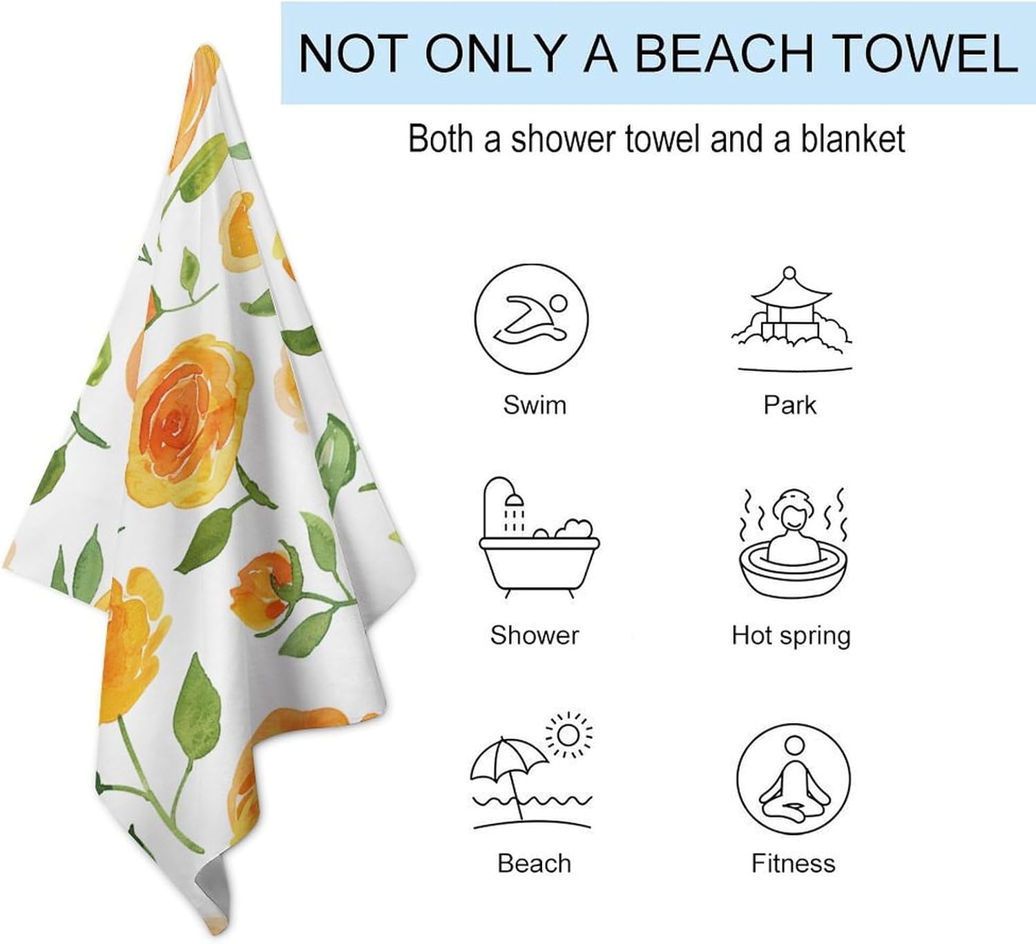 Swimming Towel, Orange Hue Flower Printed Fashion Towel,Portable Towel,Durable Towel