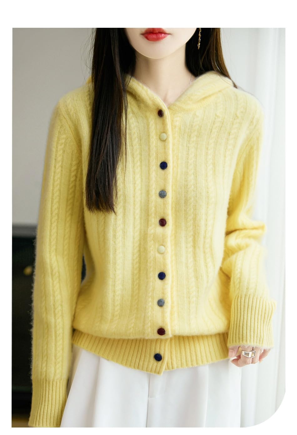 Cardigan Donna Invernale Maglioni Cardigan in Lana Merino da Donna Maglione Spesso Lavorato A Maglia con Cappuccio Top Chic Colorato con Bottoni Cappotto in Maglia Caldo Invernale Felpa A