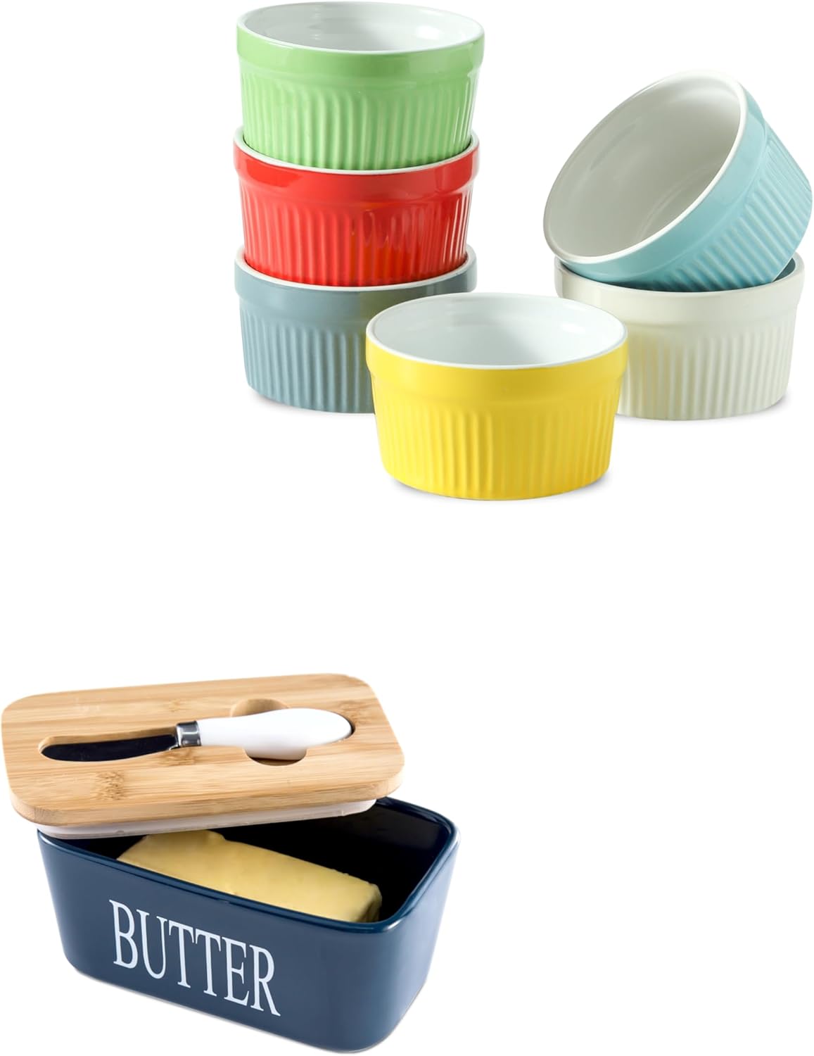 Hasense Colorful Ramekins Set of 6 and Blue Butter Dish Bundle
