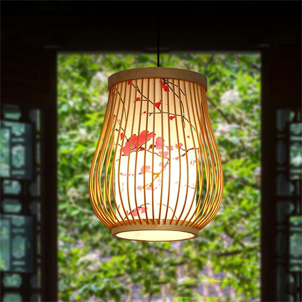 Lámpara Colgante Pequeña Única De Estilo Zen Chino Con Pantalla De Mimbre Y Estampado De Imitación De Pergamino, Farol De Bambú, Lámpara Colgante Para Sala De Estar, Comedor Y Cocina