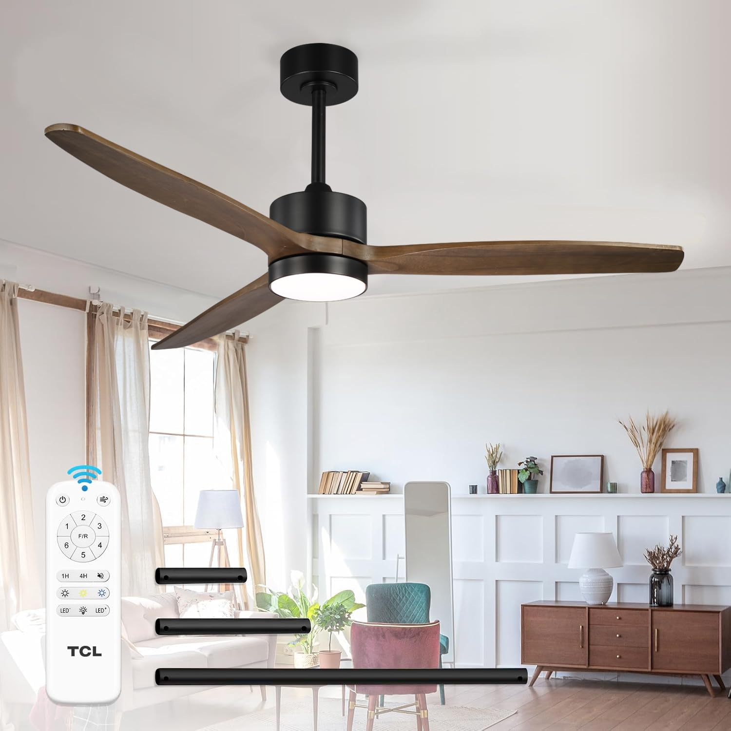 tcl ceiling fans with light and remote: 52 inch 3 wooden blades 3 dimmable led fan for room indoor modern farmhouse decor - 6 speed memory dc reversible fan lights (brown, 52 inch)