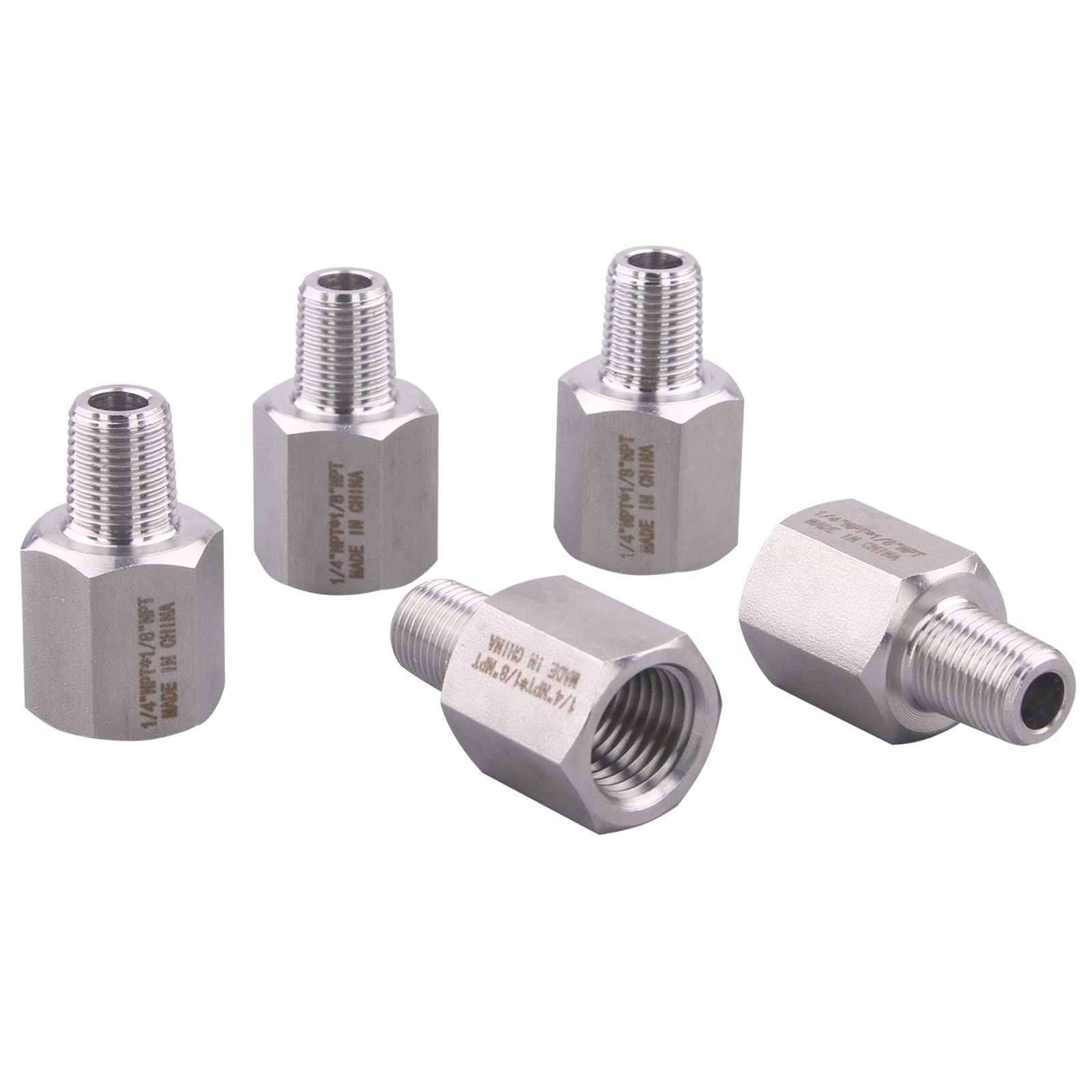 Forged Reducer Adapter Fitting - Stainless Steel 304 Reducing Pipe Connector, 1/4" NPT Female x 1/8" NPT Male (pack of 5)