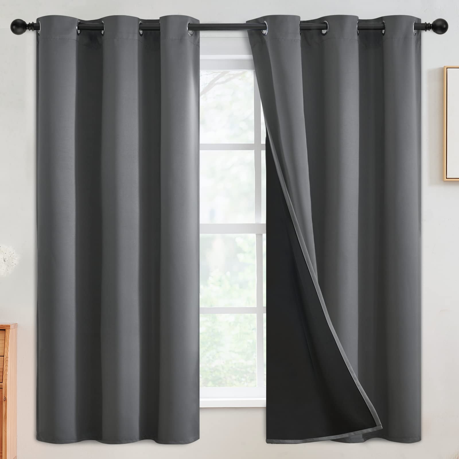 SimpleHome 100% Blackout Curtains for Bedroom,Thermal Insulated Grommet Window Drapes Room Darkening Grey Curtains for Living Room with Black Back,42