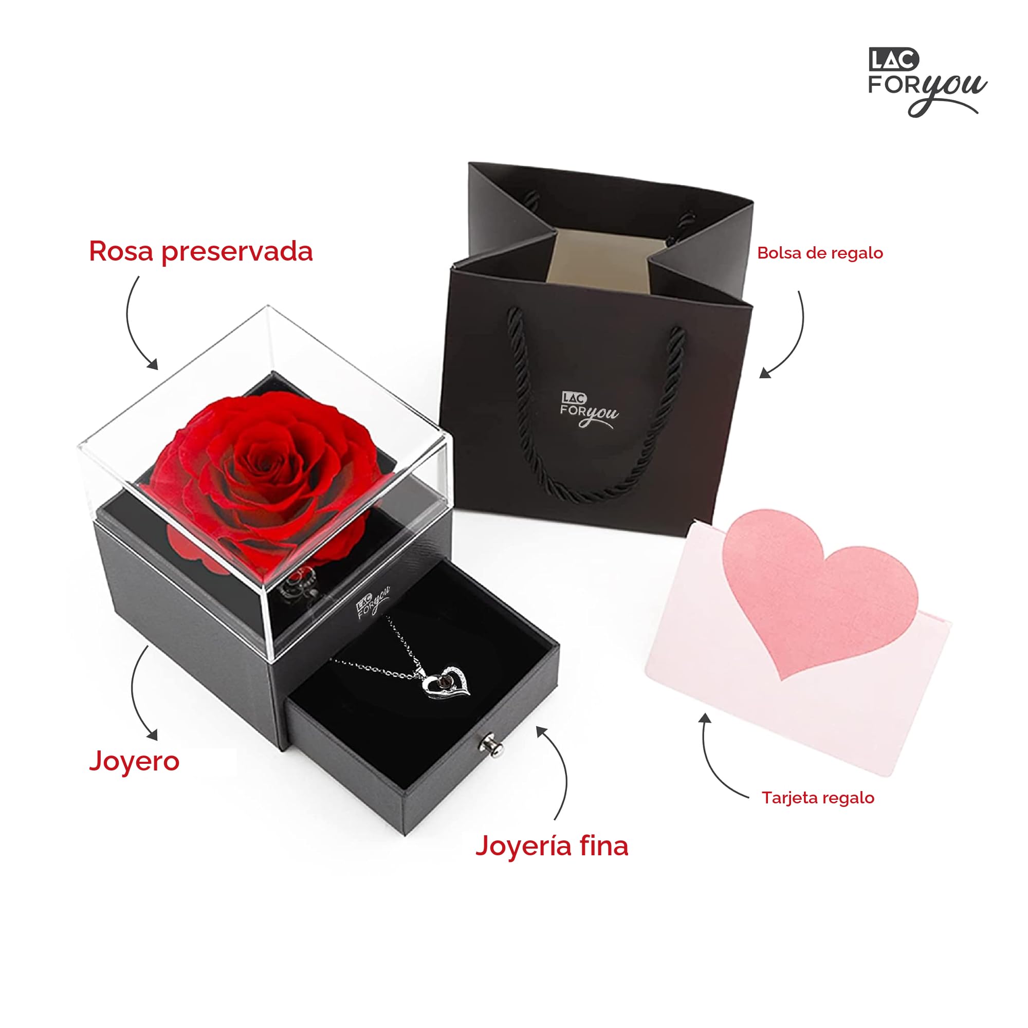 LAC FOR YOU Rosa Eterna Natural Preservada - Regalos Originales para Mujer, Novia Aniversario - Caja Rosa Preservada con Collar, Regalo Cumpleaños Madre - Roja