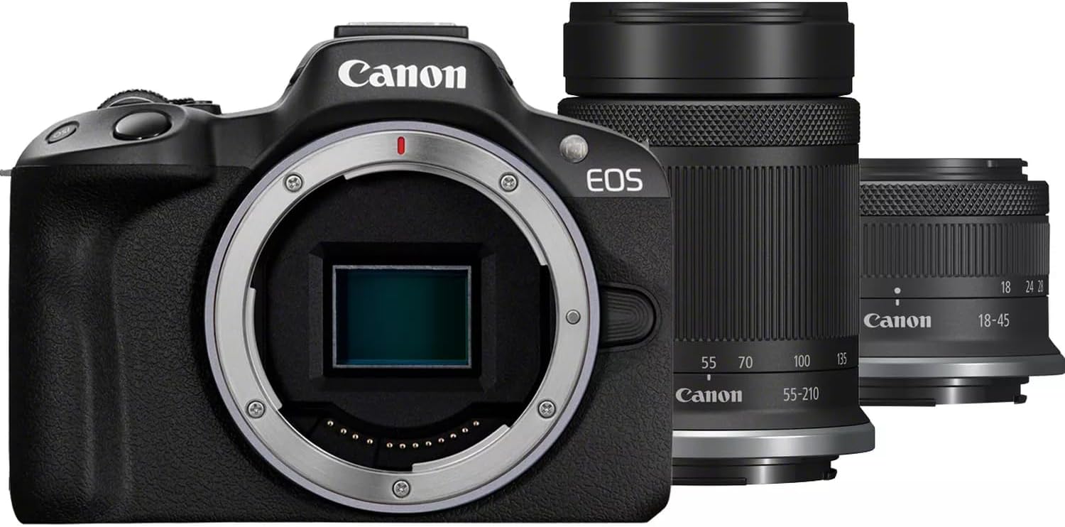 EOS R50 Mirrorless Camera + RF-S 18-45mm F4.5-6.3 IS STM + RF-S 55-210mm F5-7.1 IS STM Lens - 24.2MP, APS-C, 15fps | 4K Oversampled 6K Video | Wi-Fi, Bluetooth | Compact for Travel & Vlogging