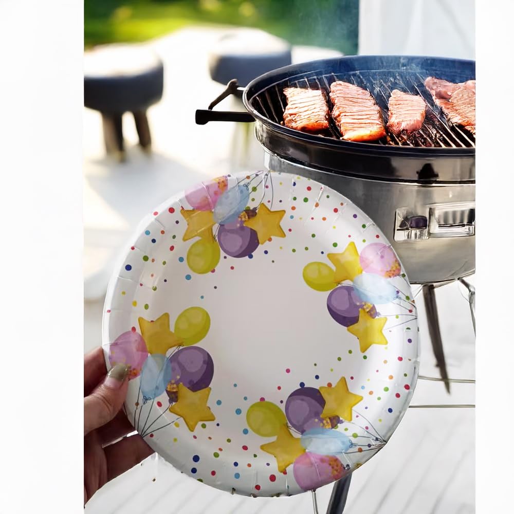 Aromhuset Pappteller 23 cm – 200 Stück – Buntes Ballonmotiv – 14g Stabil – 18 mm Tiefer Rand – Auslaufsicher – Umweltfreundliche Einwegteller für Hochzeiten, Partys & Catering