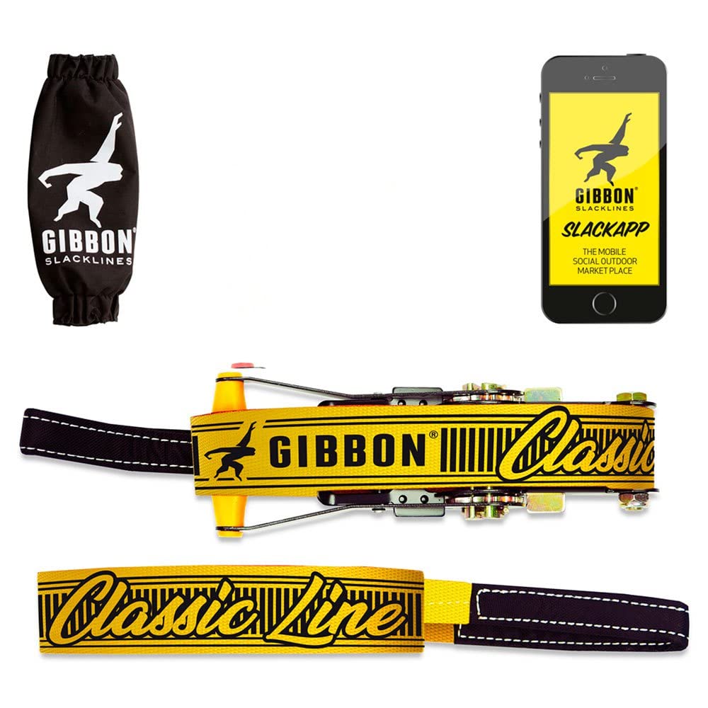 Gibbon Slacklines Classic Line, Gelb, 15 Meter (12,5m Band + 2,5m Ratschenband), inkl. Ratschenschutz, Breite 2"/5cm