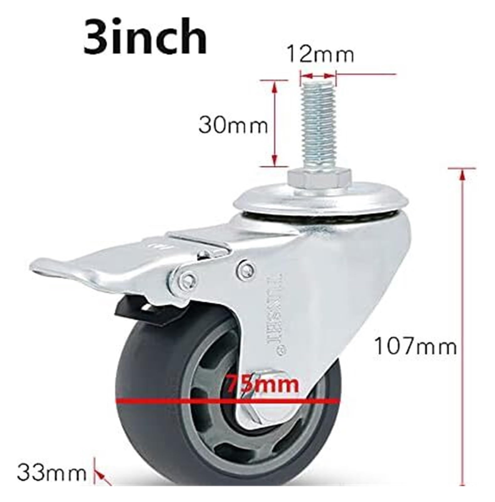 Lenkrollen Möbelrollen Rollensatz mit 4 Stück, 75 mm Gummirollen, geräuschlos, for Möbelwagen, M12 Hochleistungs-Lenkrollen mit Gewindeschaft, Tragfähigkeit 300 kg(with Brake,3inch)