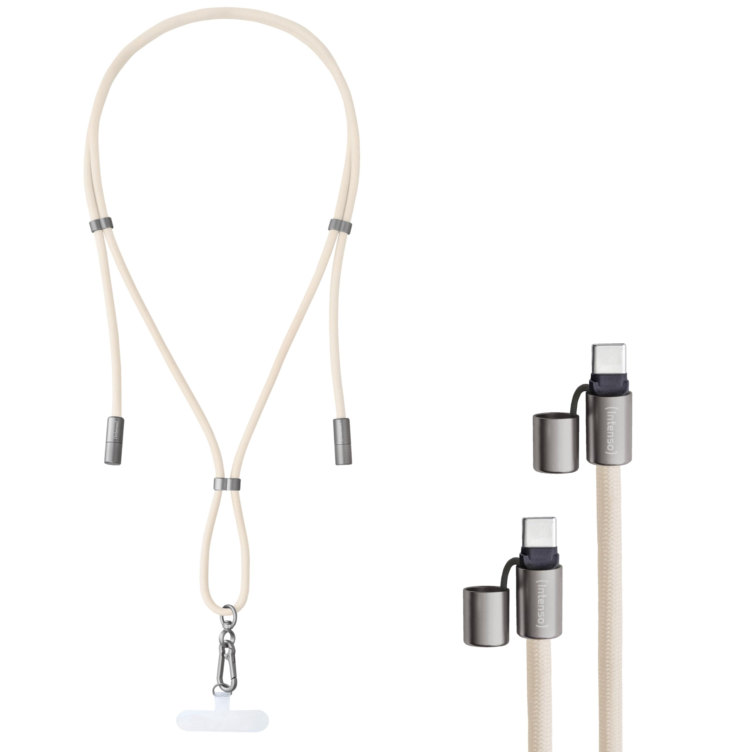 Intenso USB-C Lade- und Datenkabel Handykette – 60W, 480 Mbps, Nylon, PD3.0 QC4.0, 1,65 m, größenverstellbar, beige