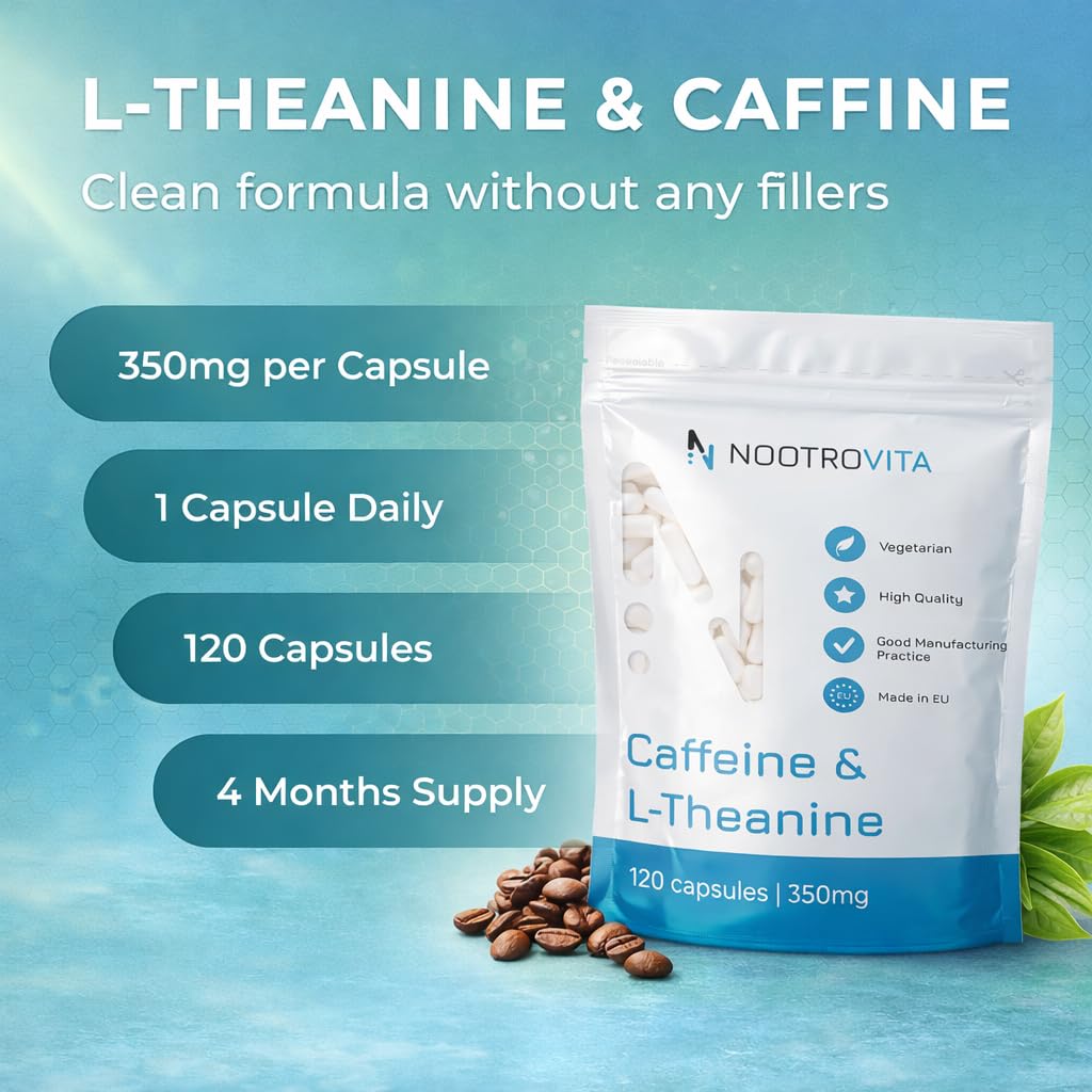 Koffein L Theanin 350 mg – 120 vegane Kapseln (4 Monate) | 100 mg Koffein + 250 mg L-Theanin pro Portion | Für fokussierte Aufmerksamkeit & ruhige Wachsamkeit | Ohne Füllstoffe | Nootrovita