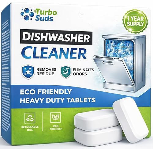 Turbo Suds Dishwasher Cleaner and Deodorizer XL Tablets – Heavy-Duty Descaler & Odor Remover for Hard Water, Removes Spots & Residue, Enhance Drying & Shine, 12 Pack (1 Year Supply)