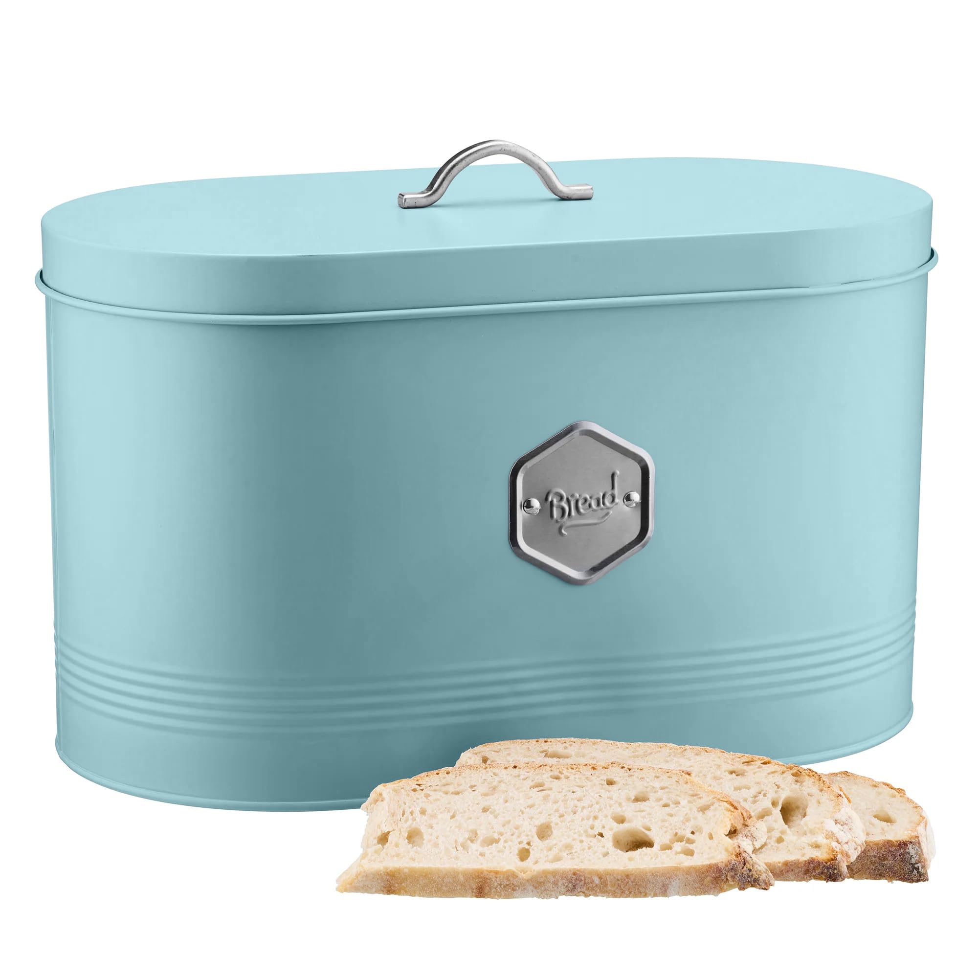 Cooks Professional Blue Metal Bread Bin Kitchen Storage Canister with Silver Nameplate