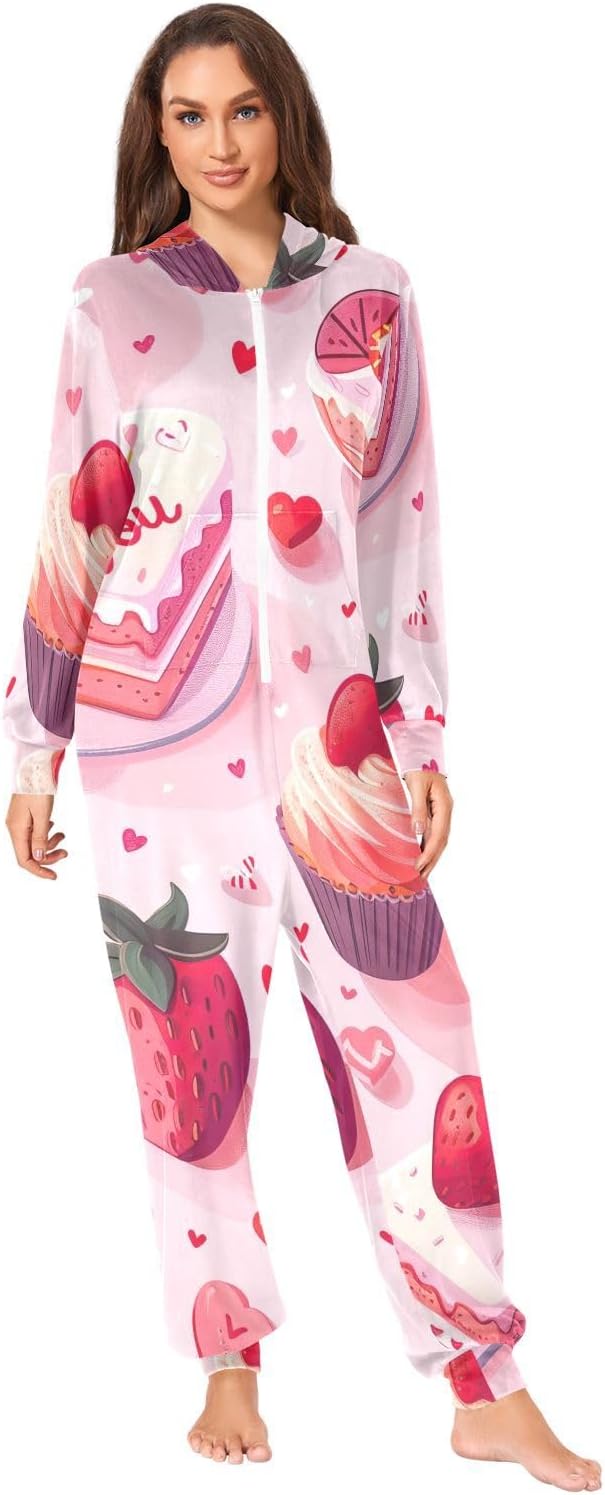 GAIREG Cute Cake Pink Mens Womens One-Piece Christmas Pajamas, Hooded Adult Christmas Onesie