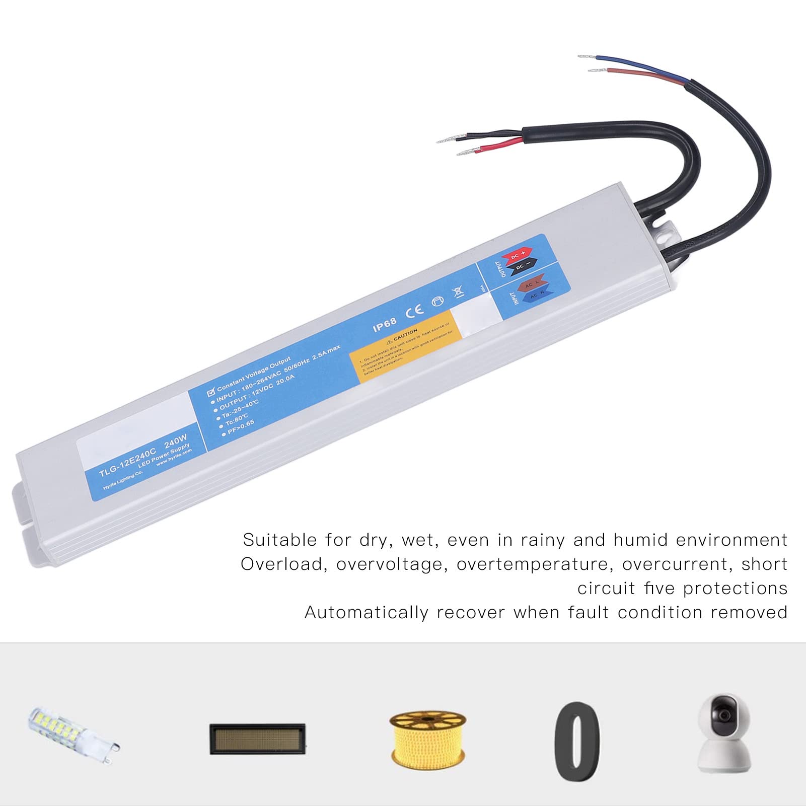 Cocoarm Alimentatore LED Driver LED Impermeabile da 240 W Convertitore CA-CC in Lega di Alluminio da 180 a 264 V CA Protezione IP68 5 per Scatola Luminosa a Strisce Illuminazione Esterna (DC12V)