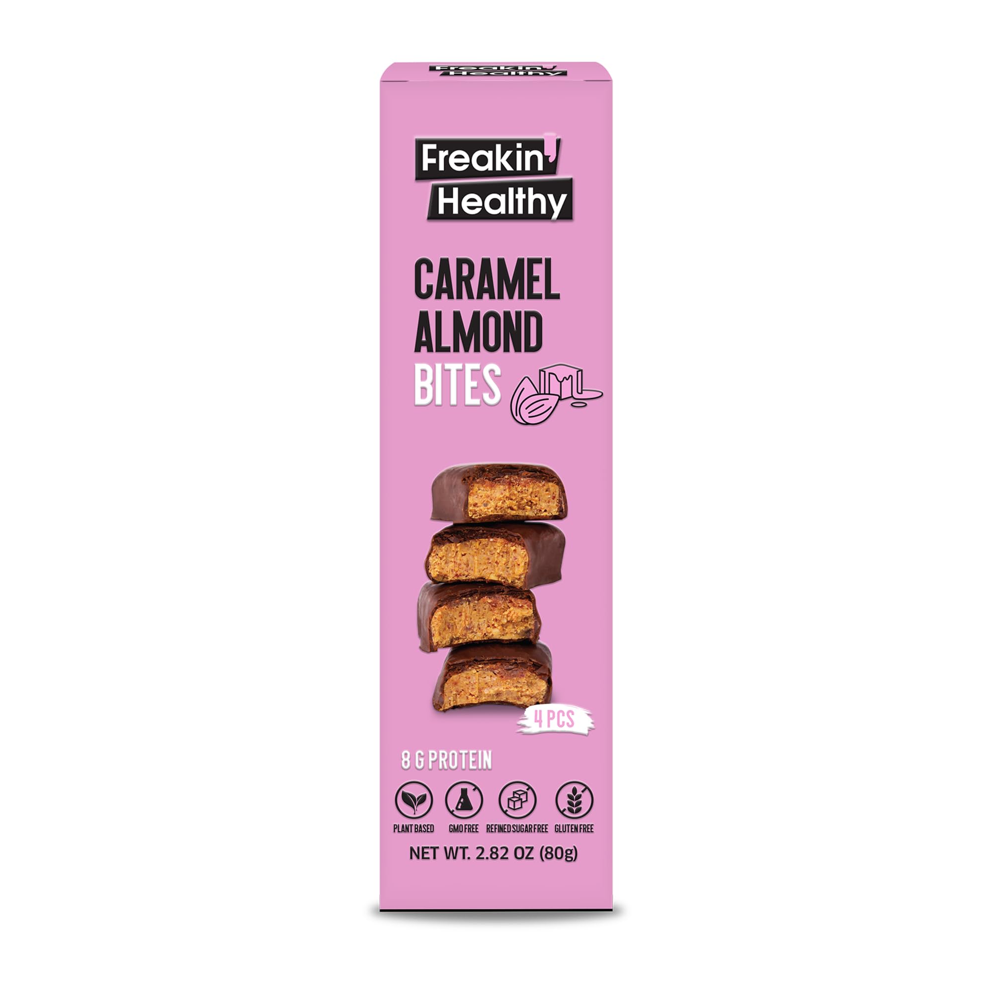 Freakin Healthy Caramel Almond Bites 80g – 4 Individually Wrapped Bites, Plant-Based Nut Butter Snack with Raw Chocolate, No Refined Sugar