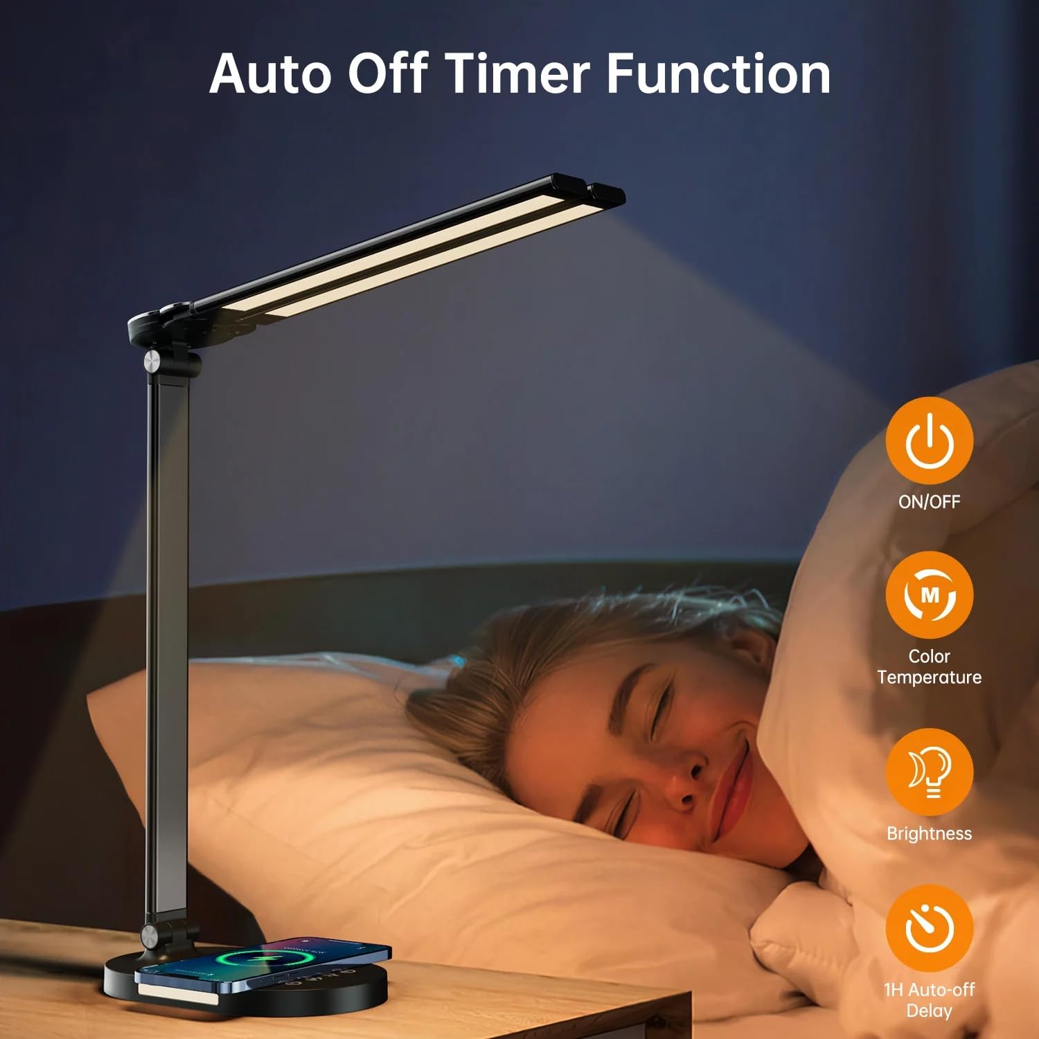 Lampade da scrivania a LED luminose, pieghevoli a doppia testa, con caricabatterie wireless, luce notturna, dimmerabile, lampada da tavolo con controllo touch, luce da scrivania per studio e lettura