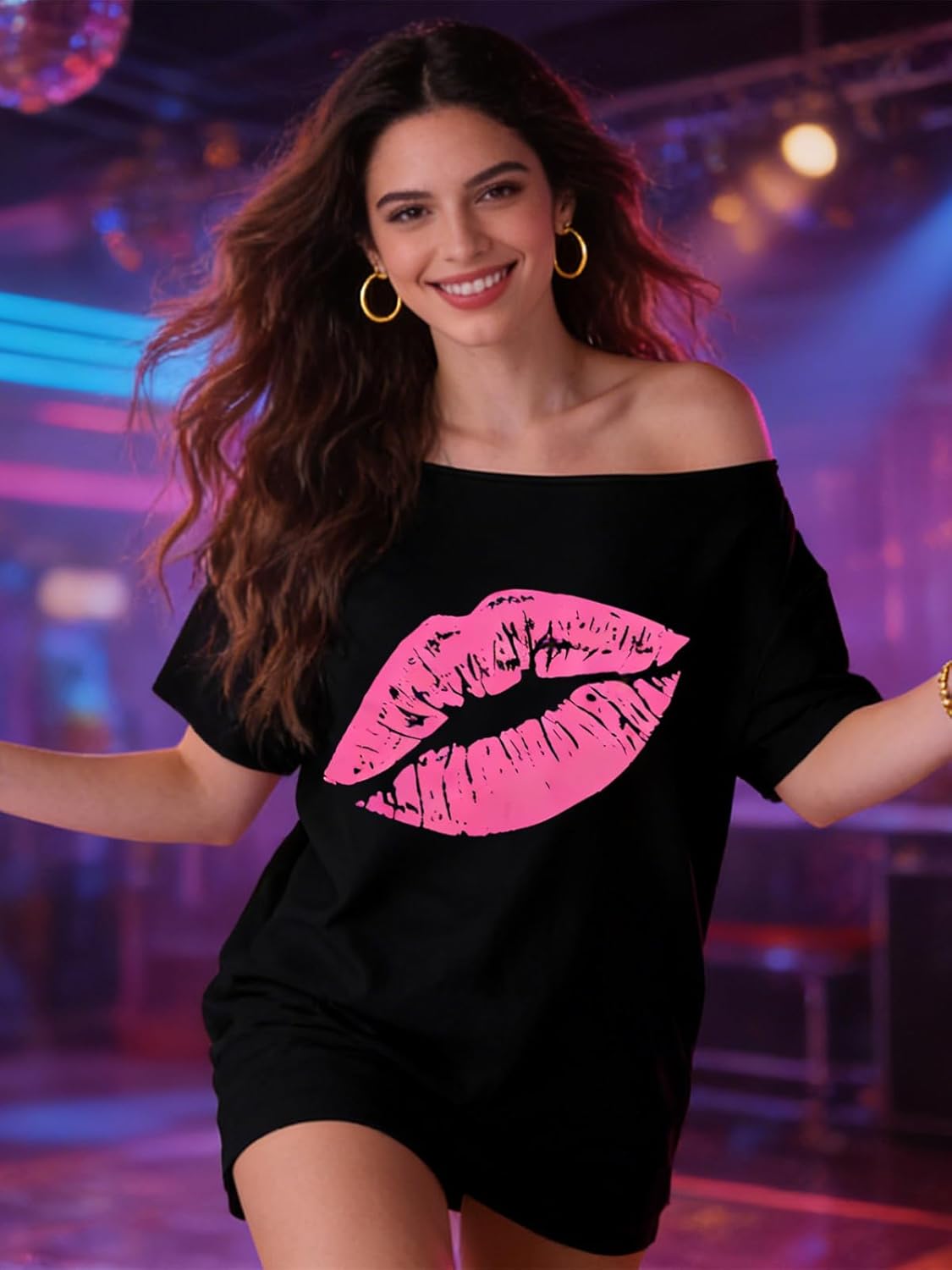 Oversized 80s Shirts for Women Neon Off Shoulder Disco Tops 80s 90s Theme Party Outfit - Image 4