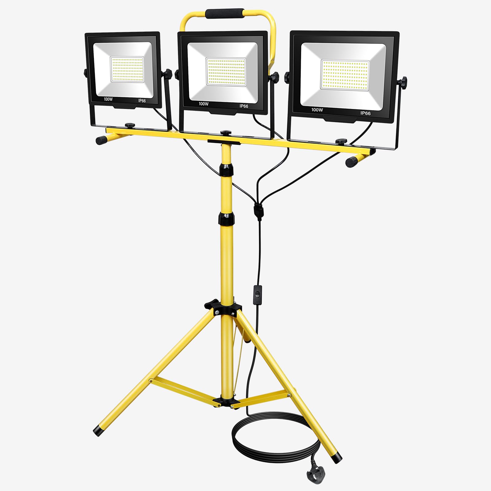 SKYWORLD 3*100W Foco LED con trípode telescópico,30000LM Luz de trabajo portátil con enchufe,6000K Foco LED para Obras con 360°Giratorio, 5M Cable para Obras de Construcción en Interiores y Exteriores