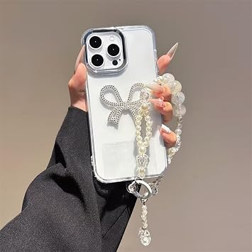 for OnePlus Nord CE4 lite 5G Phone Case Girls Transparent Bowknot Cover with Pearl Hand Strap Soft TPU Shockproof Lightweight Cute Protective Case-Clear