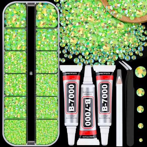 Image of Resin Jelly Rhinestones for Crafting with B7000 Jewelry Glue, 1 Box Fluorescent Green AB Flatback Crystal with 3Pcs 10ml Glue, Bedazzling Non Hotfix Gems for DIY Tumblers Clothing Shoes Manicure