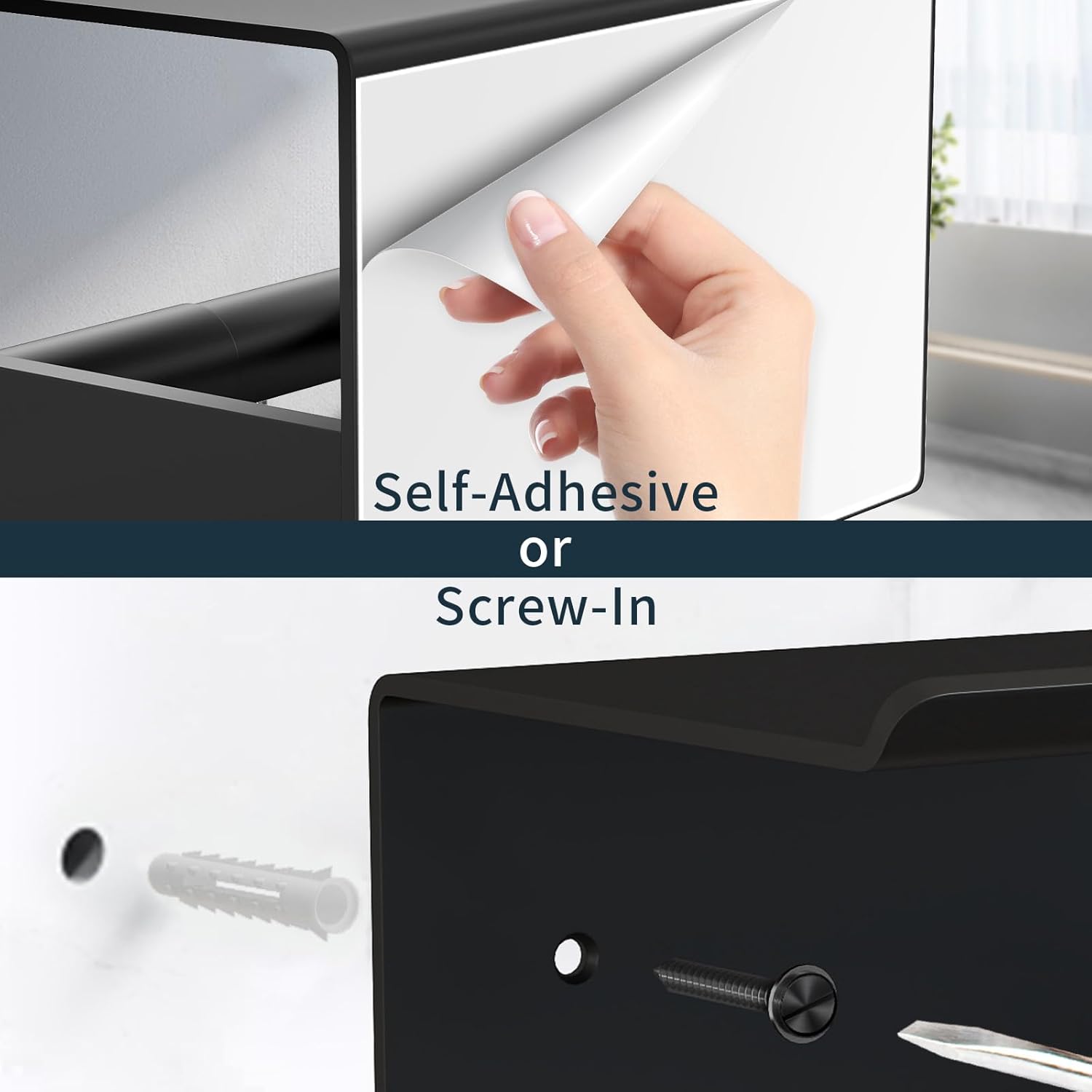 Bethom Toilet Paper Holder with Shelf Wall Mount, Self Adhesive or Screw in, Tissue Holder for Bathroom Washroom RV with Spring Rod, Matte Black