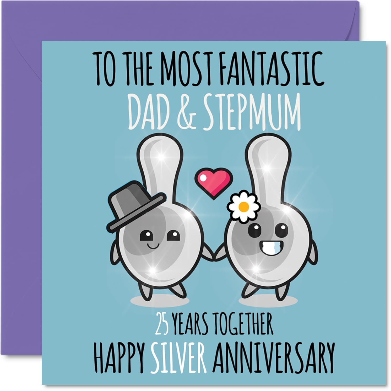 Cute Silver Anniversary Card for Dad & Step Mum - 25 Years Together - Happy 25th Wedding Anniversary Cards for Step Mum Dad, 145mm Greeting Cards Anniversaries