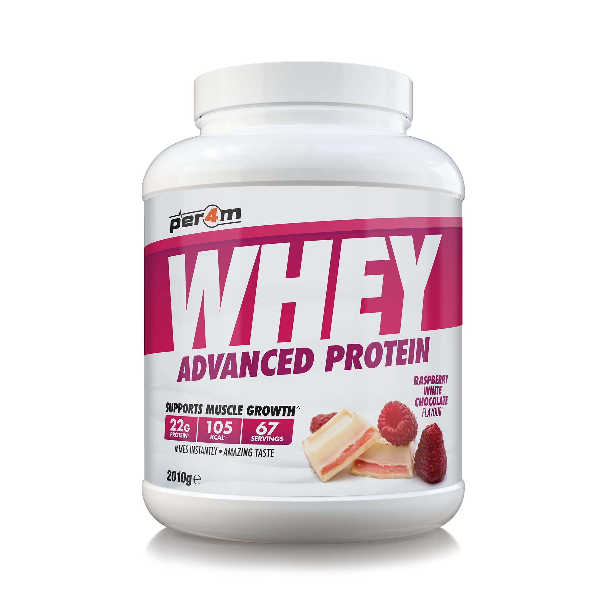 Per4m Whey Protein Powder | High Protein Shake for Muscle Growth & Recovery | Low Sugar Gym Supplement | Sports Nutrition Drink + Amino Acids (2010g, Raspberry White Chocolate)