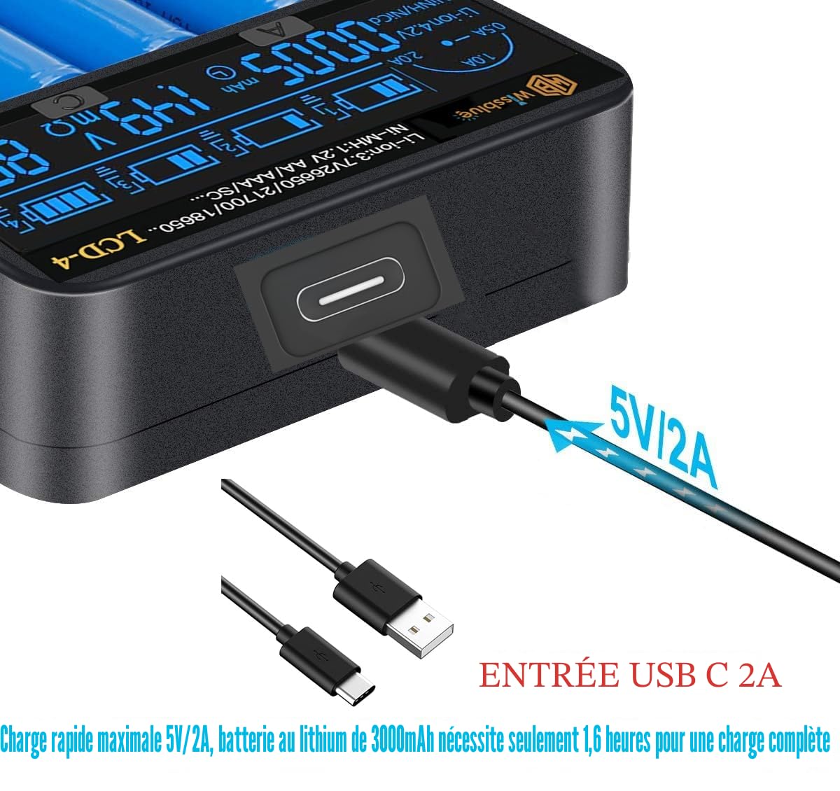 18650 Battery Charger, LCD Screen Can Display Capacity, Adjustable 2A 18650 Charger, Suitable for 26650 21700 18350 17500 14500 18650,NiMH NiCd AAA AA