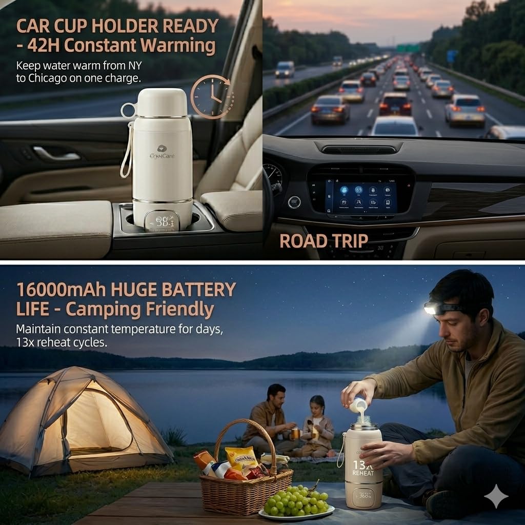 Calentador de biberones portátil para viajes, calentador de leche recargable por USB con control digital de temperatura, calentador de leche materna para bebé para coche y uso al aire libre