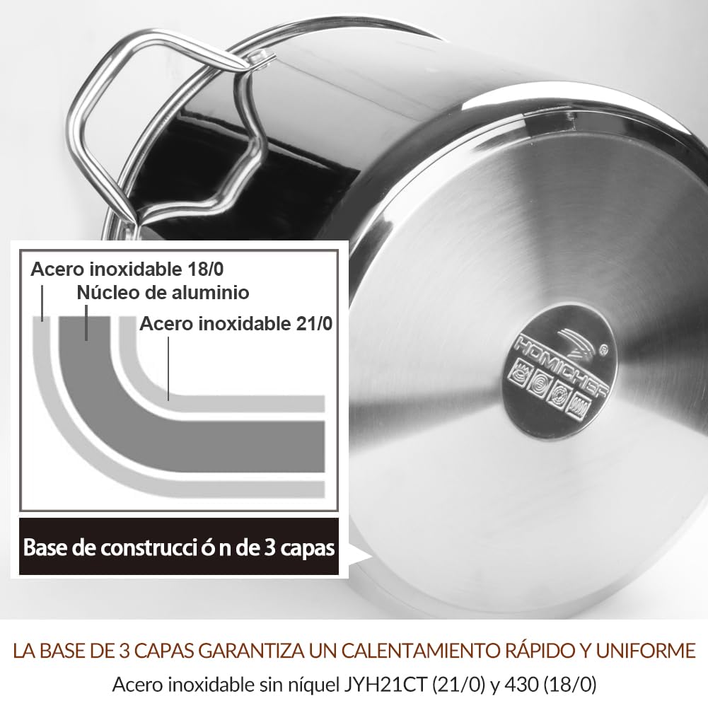 HOMICHEF Olla grande de acero inoxidable sin níquel con tapa (29 cm, 11 litros) - Olla sopera pesada pulida espejo 11L con tapa