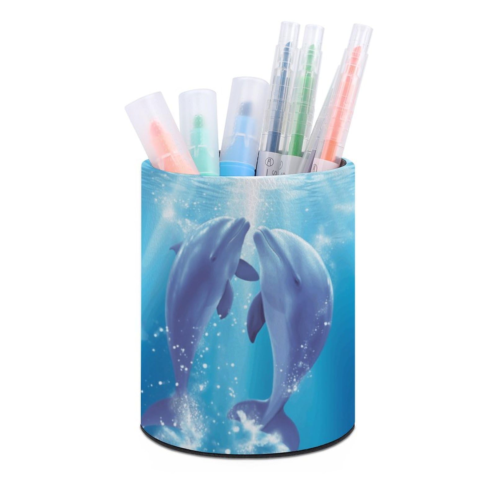 JTREHY Round Pen Holder,Dolphins in Love Printed Makeup Brush Storage Box for Home Office Dressing Table