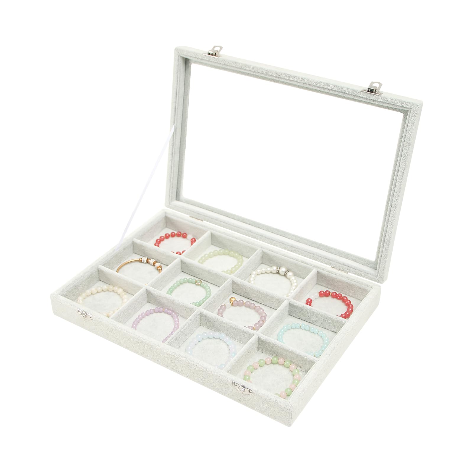 Coward Jewelry Organizer Tray Box, Grey Beige Velvet 12 Grids Bracelet Bangle Necklace Jewelry Display Tray Case with Transparent Glass Lid for Home Desk Drawer or Store Selling Show