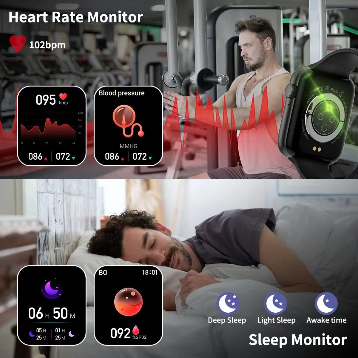 Smartwatch con Chiamata Bluetooth e Risposta Vivavoce, Impermeabile Orologio Fitness da 1,85 Cardiofrequenzimetro Cronometro Monitoraggio Sonno Notifiche Messaggi Assistente Vocale per Android/iOS