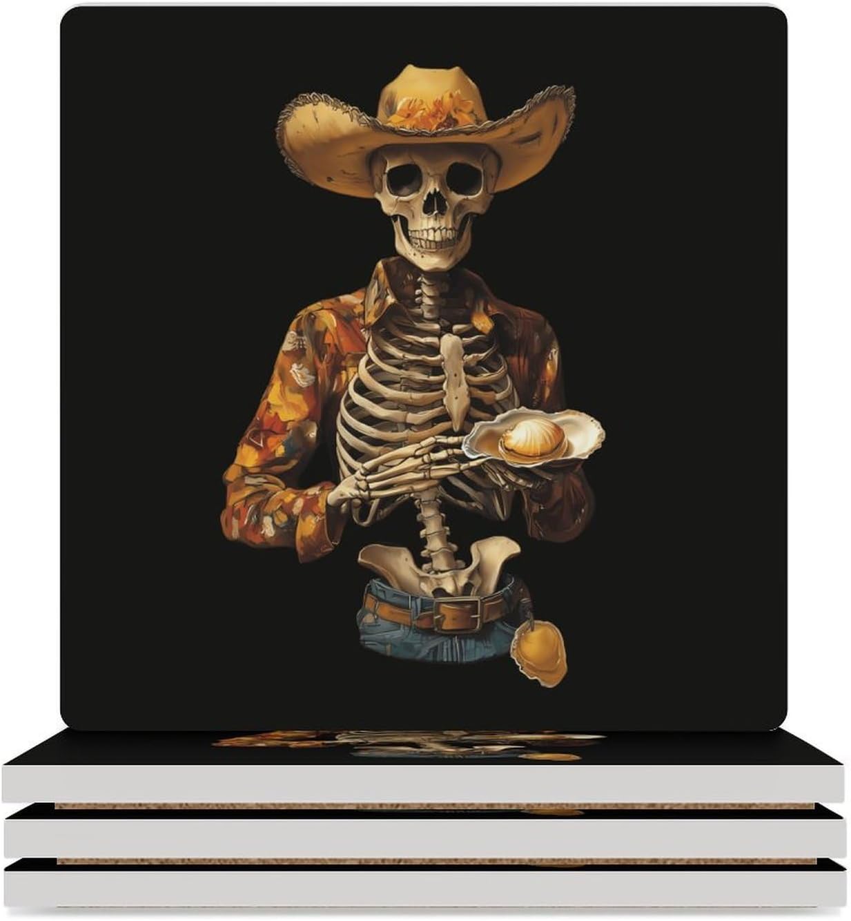 Skeleton Holding Oyster Funny Ceramic Coasters for Drink Absorbent Cup Holders Tabletop Protection