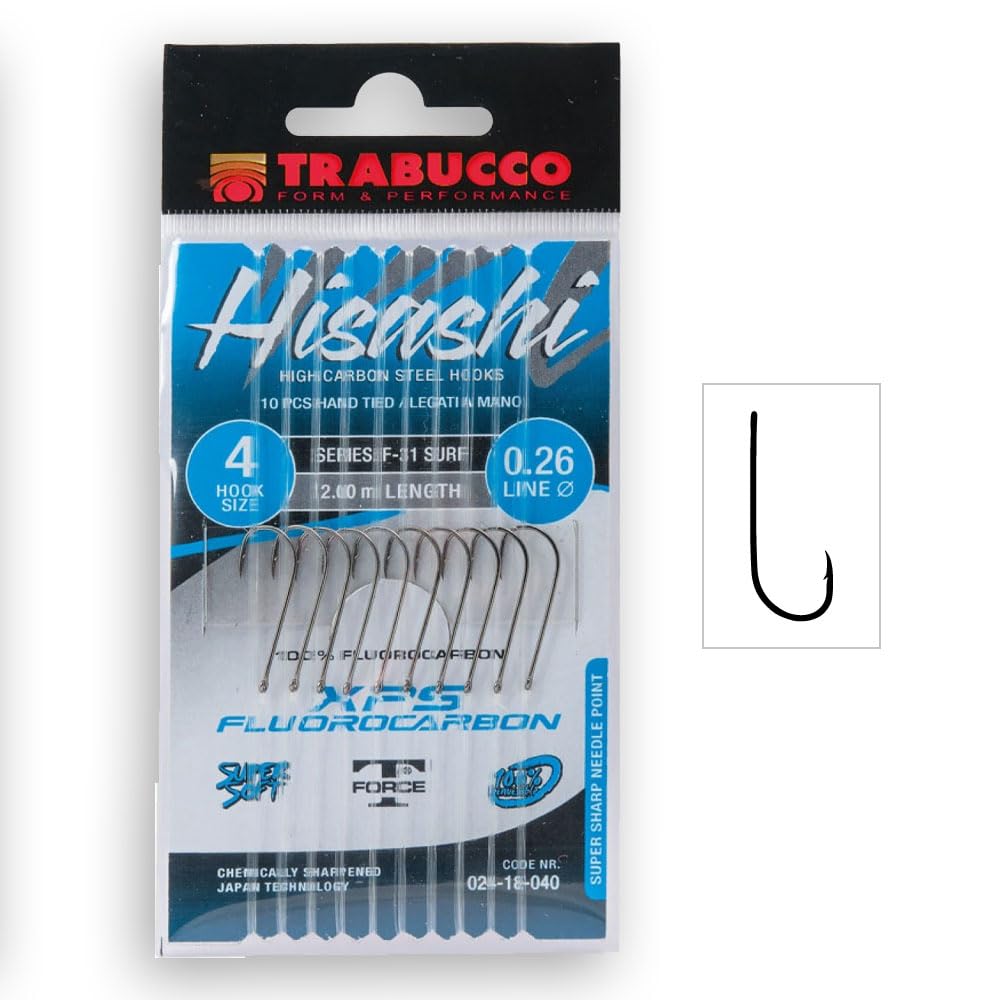 Lenza Montata Trabucco HISASHI Surfcasting – Amo F-31 SURF Black Nickel Forgiato – XPS 100% Fluorocarbon 200 cm – Beach Ledgering e Mare Calmo