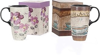 Topadorn Ceramic Travel Mug Latte Mug 17 oz. Coffee Cup with Sealed Lid and Gift Box, Set of 2