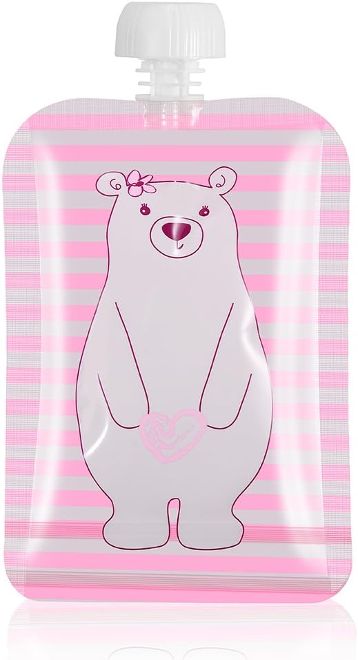 Reusable Baby Food Storage Pouch - Refillable Food & Juice Bag for Kids with Easy and Safe Cap, BPA Free Bags, Drinking Fruit, Food, Water Safety and Freely (PINK BEAR)
